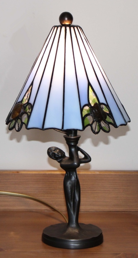 Lampka witrażowa Tiffany Flower z bursztynem - niebieska